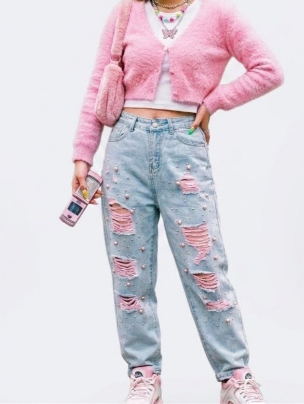 PEEKSKILL Jeans Y2K Pink Pearl Distressed Kawaii Ripped Denim